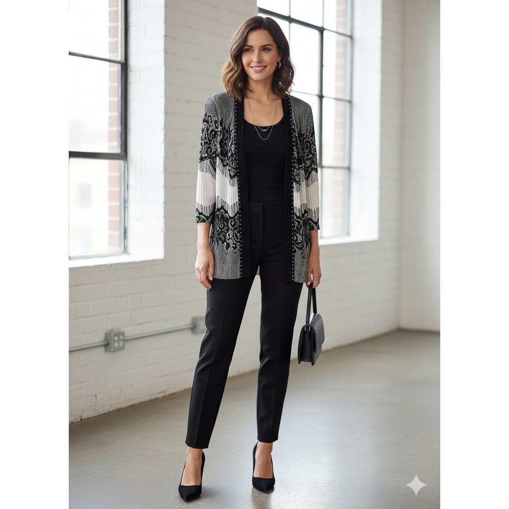 Alberto Makali Women Black White Lace Print Open Front Cardigan Sweater Sz L